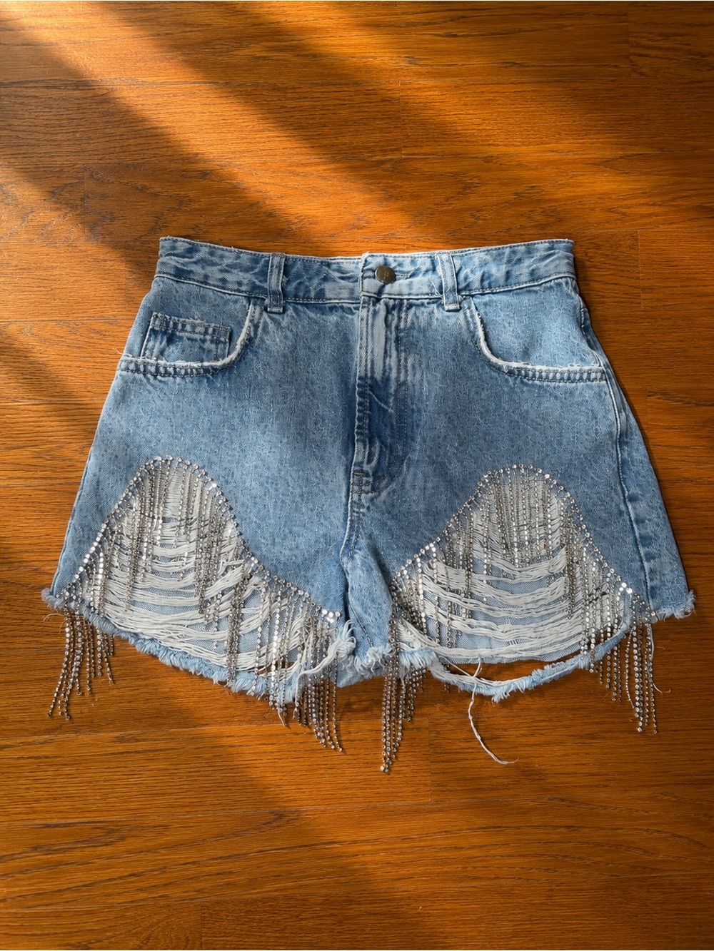 George Light Blue Denim Fringe & Rhinestone High-Waist Shorts Sz 2